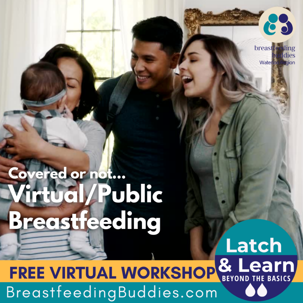 Baby is being held by grandparent while parents look on smiling. Text reads Covered or not... Virtual/Public Breastfeeding