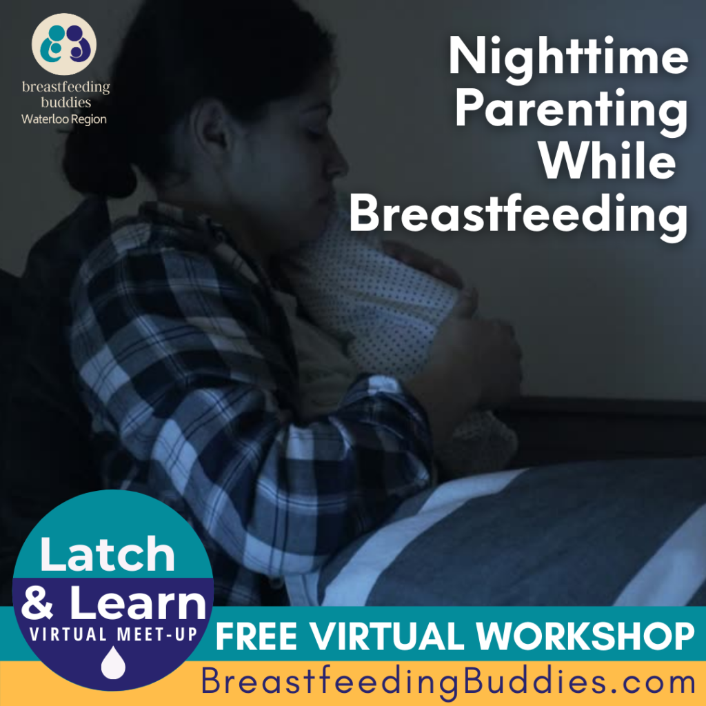 Woman sits in the dark, holding baby. Text reads Nighttime Parenting While Breastfeeding, Free virtual workshop