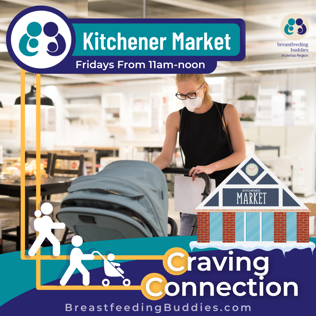 Blonde Woman with a mask on is pushing a stroller in an indoor space. Text Reads Kitchener Market Fridays 10am to noon. Craving Connection