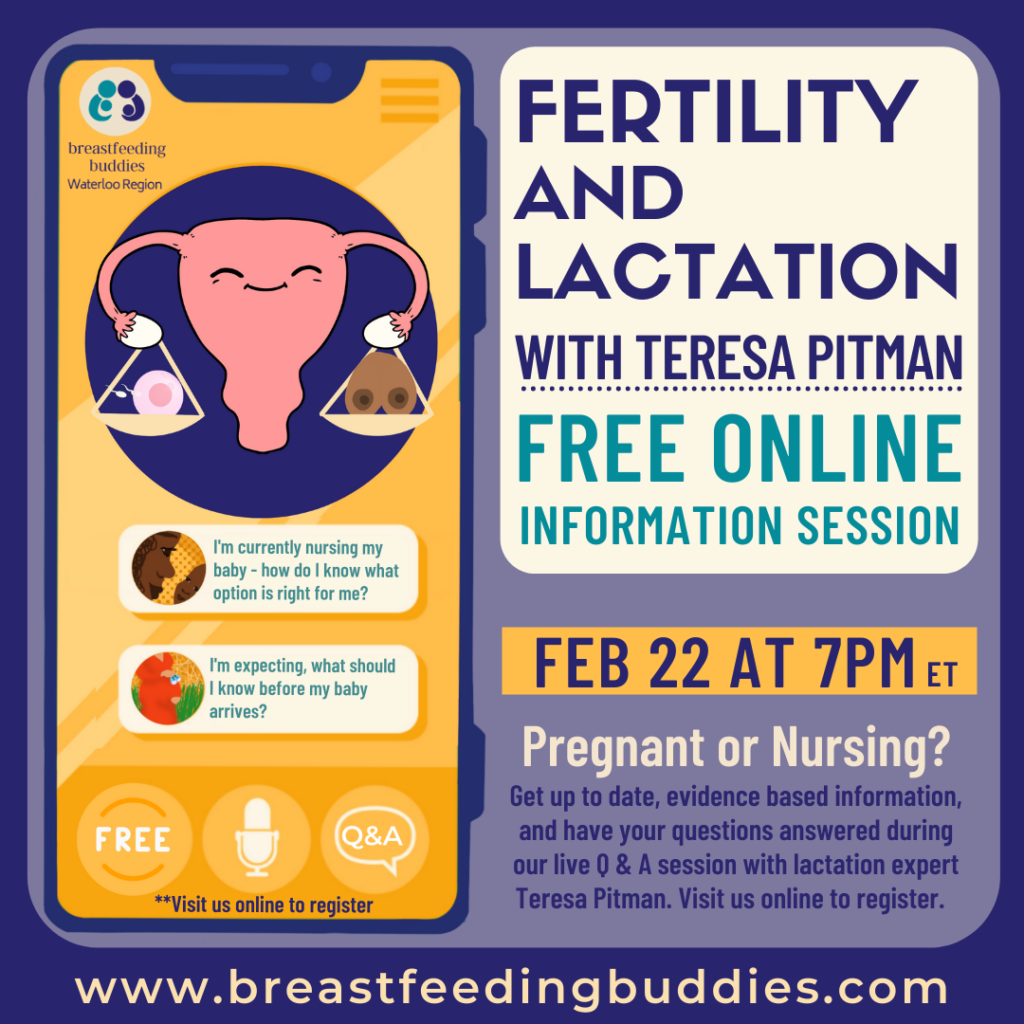 Poster promoting Fertility and Lactation session on Feburary 22, 2022. Picture has a cartoon uterus holding a pair of breasts in one hand and a baby in the other