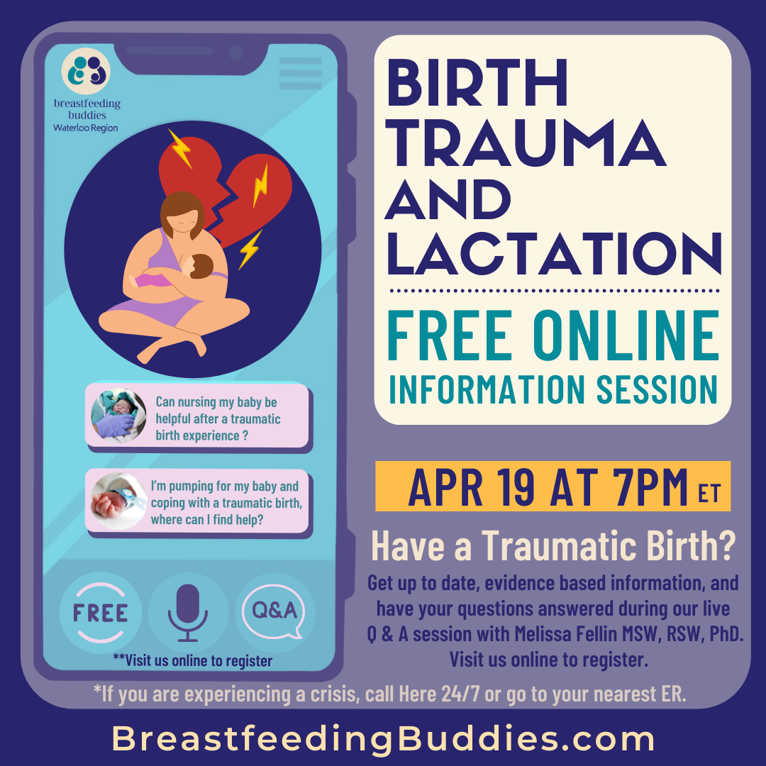 Text Reads: Birth Trauma and Lactation, Free Online Information Session. Illustration of a cellphone with image of parent holding newborn infant