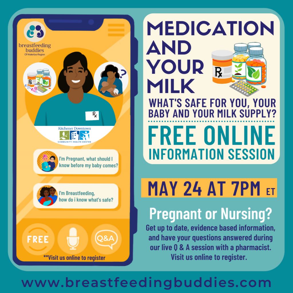 Poster for "Expert Series" Medication and your milk, features an illustration of a cellphone with a female presenting person wearing scrubs. Text reads "Medication and your milk" Free online information session