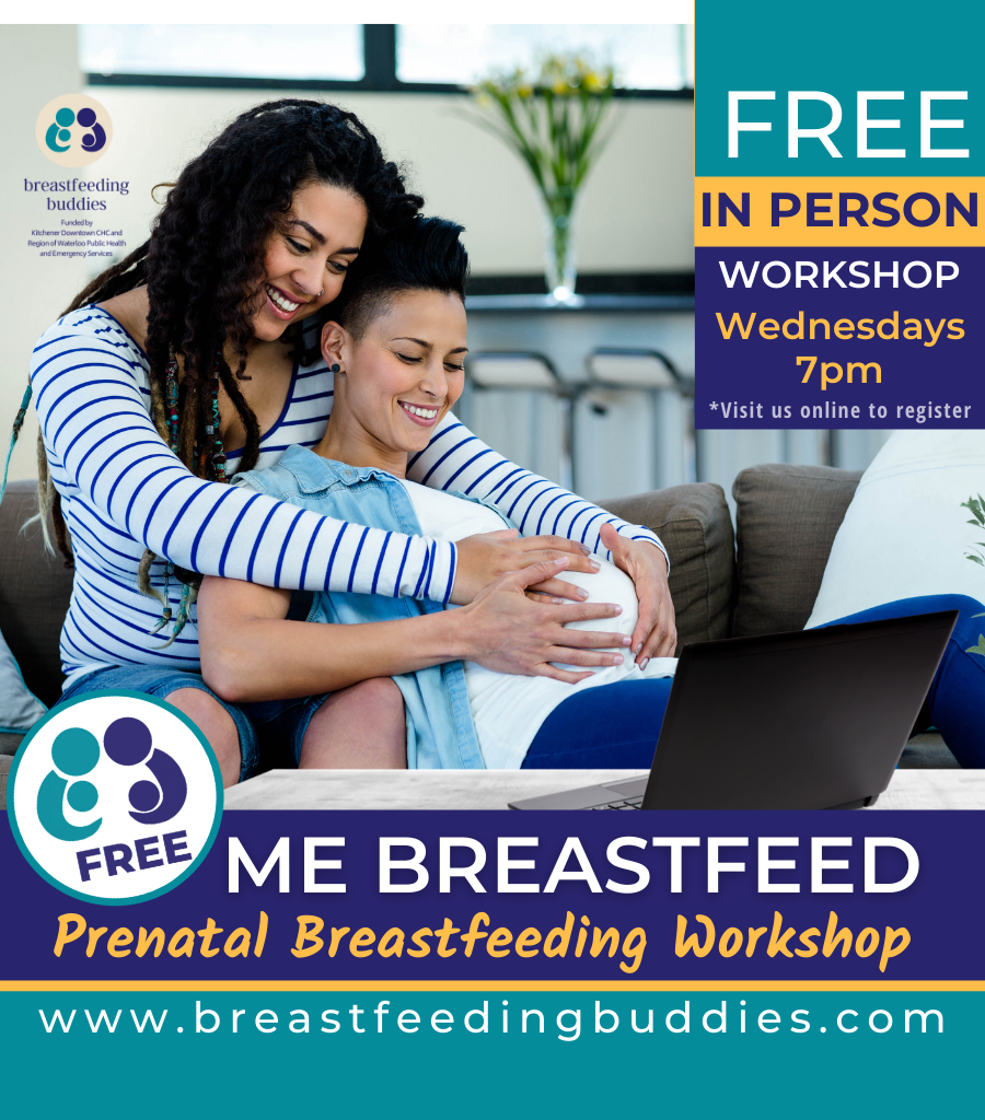 LGBTQ+ Couple cradling baby bump. Text reads "free, in person Prenatal Breastfeeding workshop. Wednesdays 7pm"