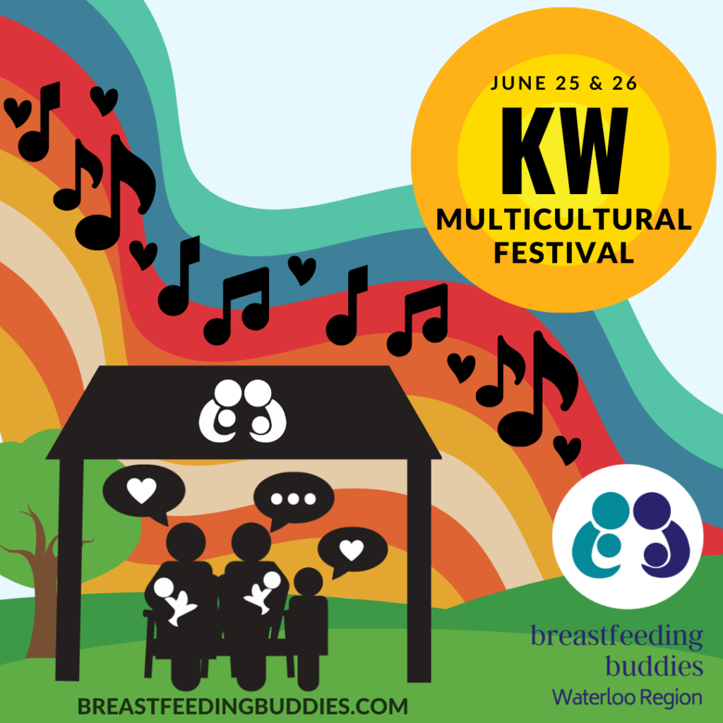 Image of music notes on a rainbow background with the silhoutte of a tent with families nursing their babies underneath. Text reads "kw multicultural festival June 25/26"