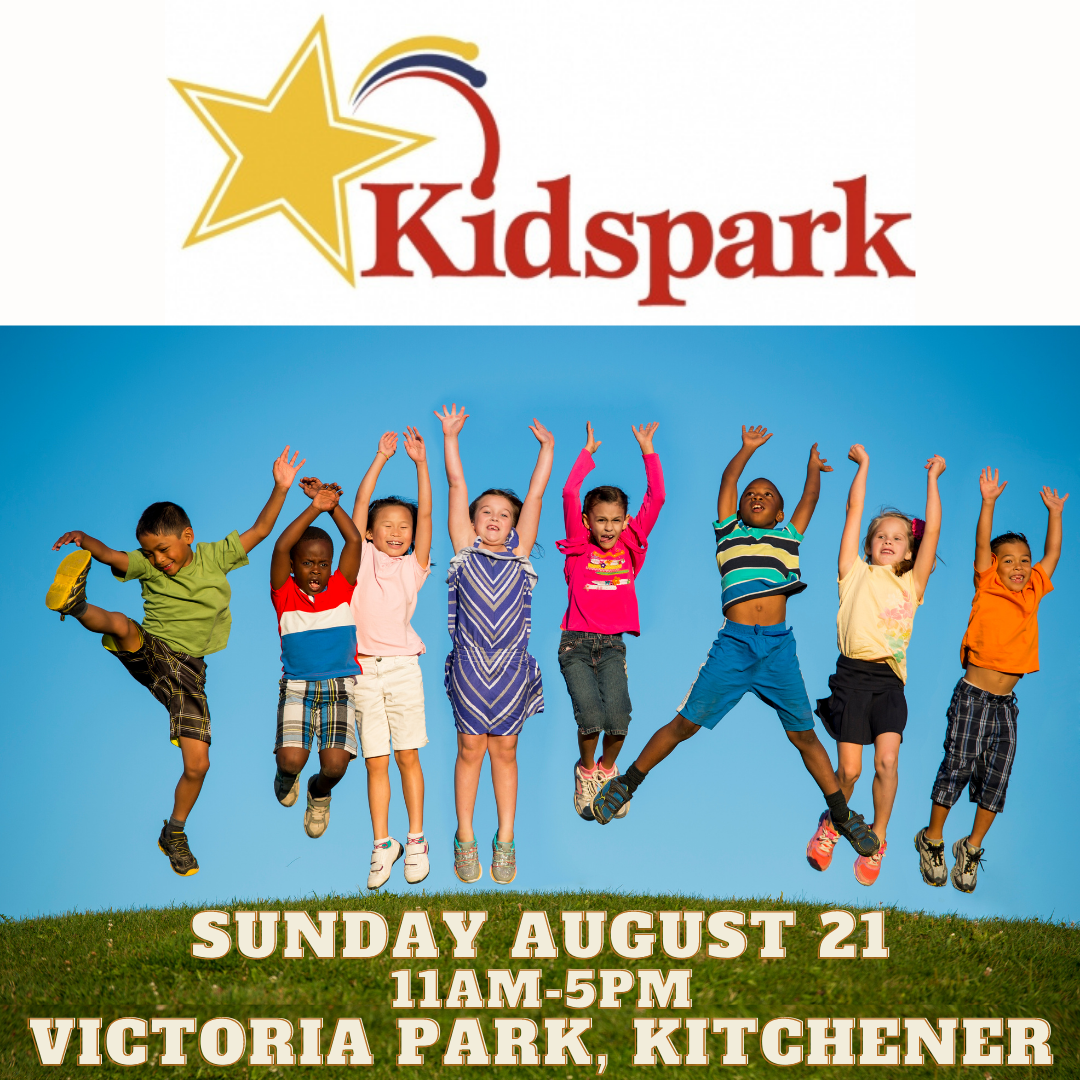 Text reads "kidspark" Sunday August 21 11am-6pm Victoria Park Kitchener. Image is a number of children jumping in the air against a blue background